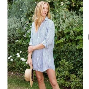 Frank & Eileen Mary Classic Linen Shirtdress In Navy Blue Stripe Size XS